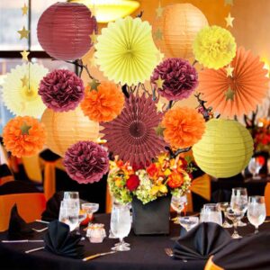 Orange and Burgundy Party Decorations Fall Party Decorations Orange Burgundy Yellow Paper Lanterns for Fall Baby Shower Bridal Shower Birthday Wedding Engagement Autumn Graduation Party Decor