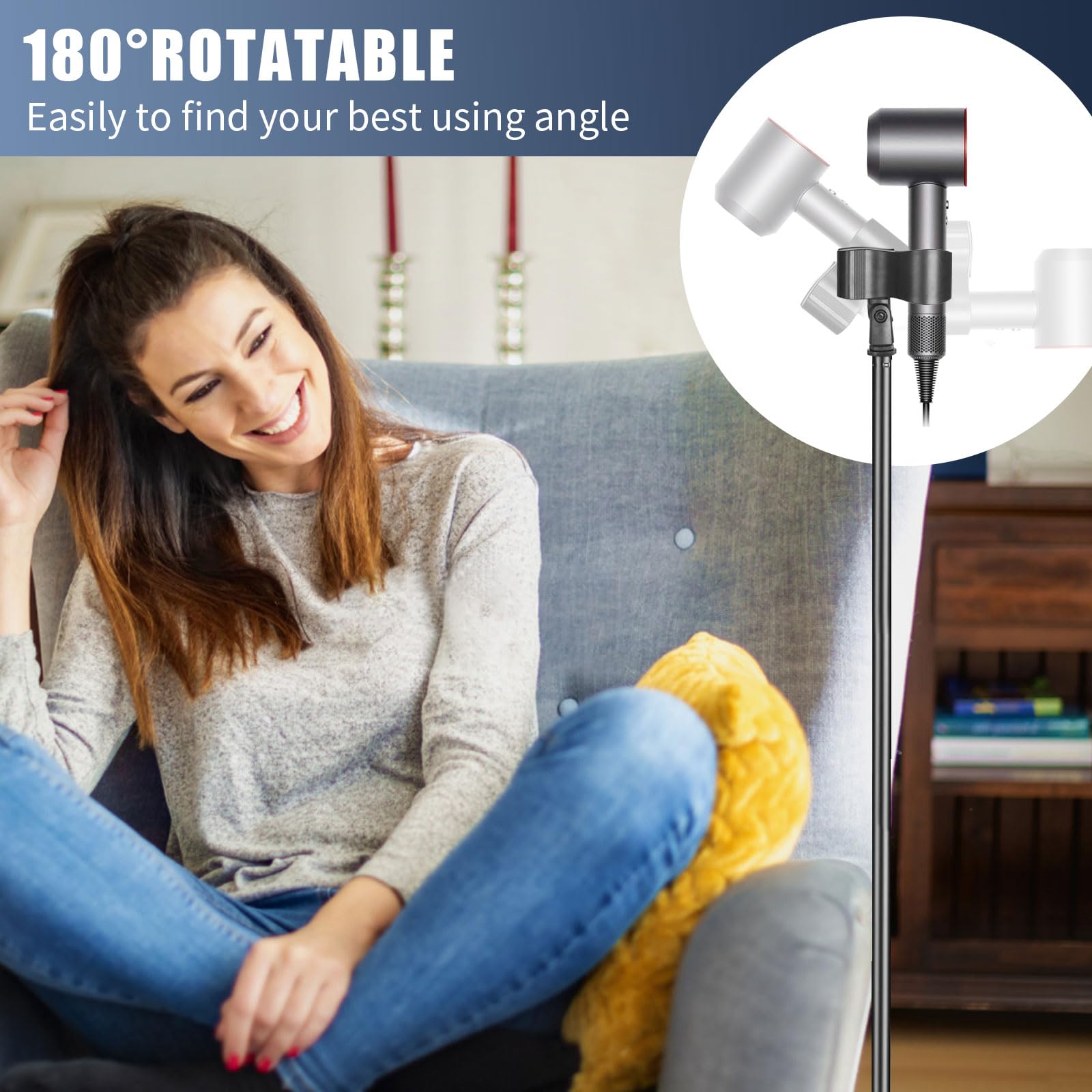 Hands Free Hair Dryer Stand Holder - 61in Adjustable Height Blower Stand Holder Floor Stand, Heavy Duty Metal Blow Dryer Stand with Heavy Base, 180° Rotatable Lady Hair Drying Holder for Women Pets