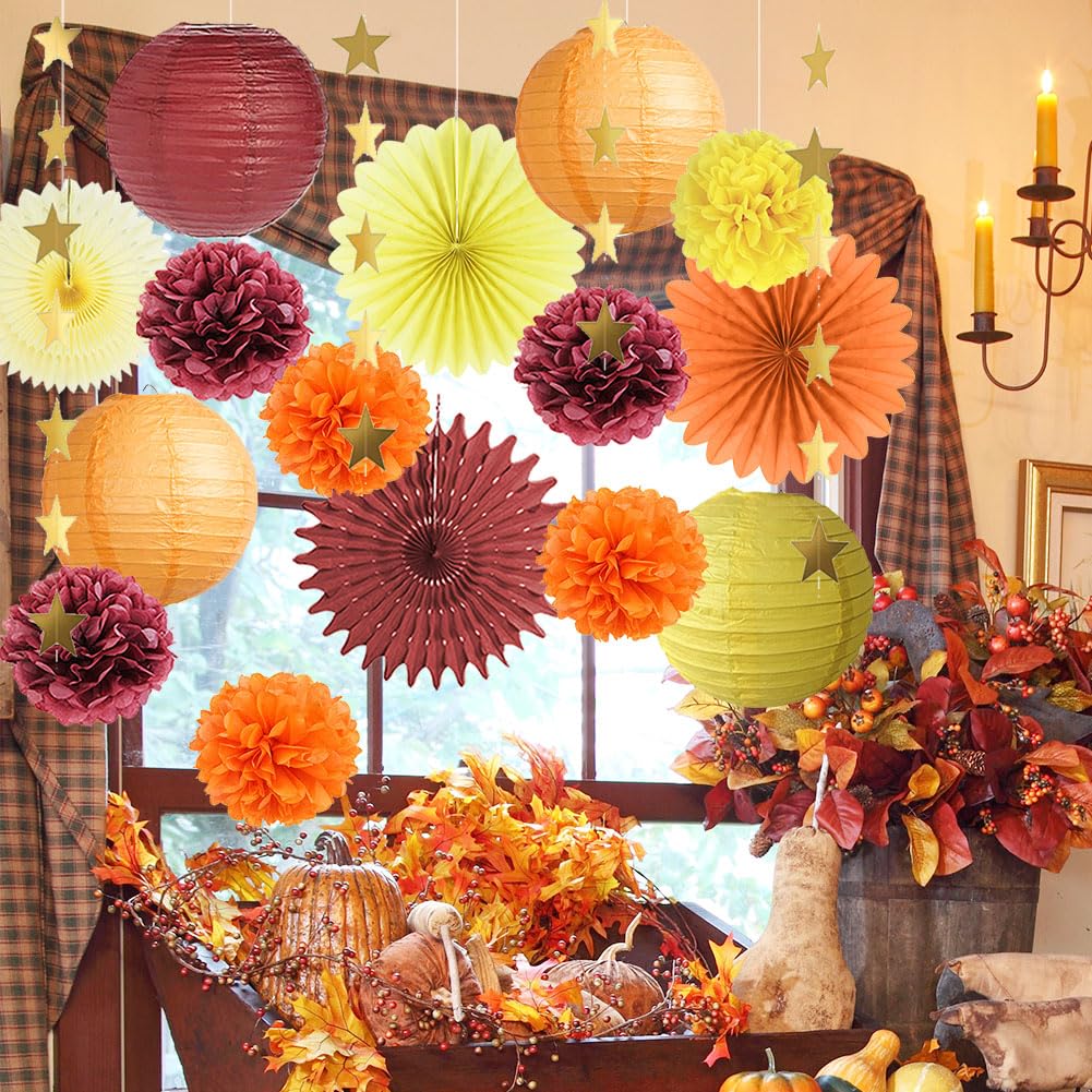 Orange and Burgundy Party Decorations Fall Party Decorations Orange Burgundy Yellow Paper Lanterns for Fall Baby Shower Bridal Shower Birthday Wedding Engagement Autumn Graduation Party Decor