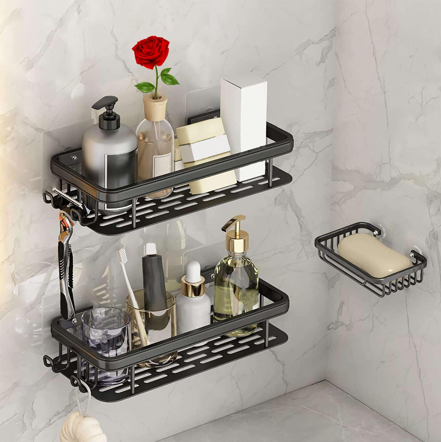 Washroom Rack 2-Pack Rustproof Shower Caddy Set with Soap Holder - Wall-Mounted No drill Large Capacity Durable Matte Black Shower Organization Basket with Hooks and meets Modern Convenience.