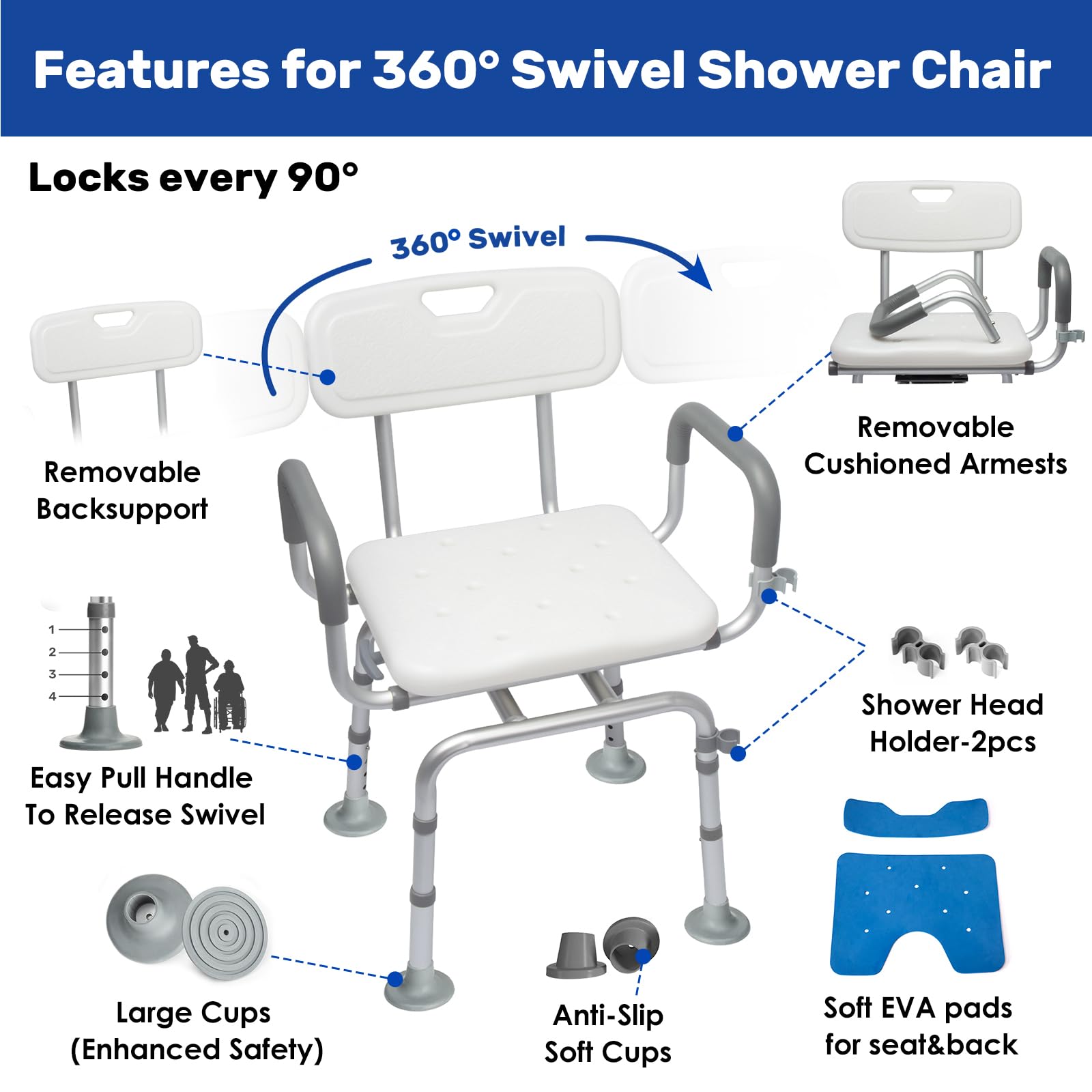 360° Swivel Shower Chair with Back and Arms,Rotating Swivel Bath Chair Handicap Shower Chair with Cold-Proof Pads, Support 340lbs,Tools-Free Assemble,Swivel Shower Chair for Inside Shower