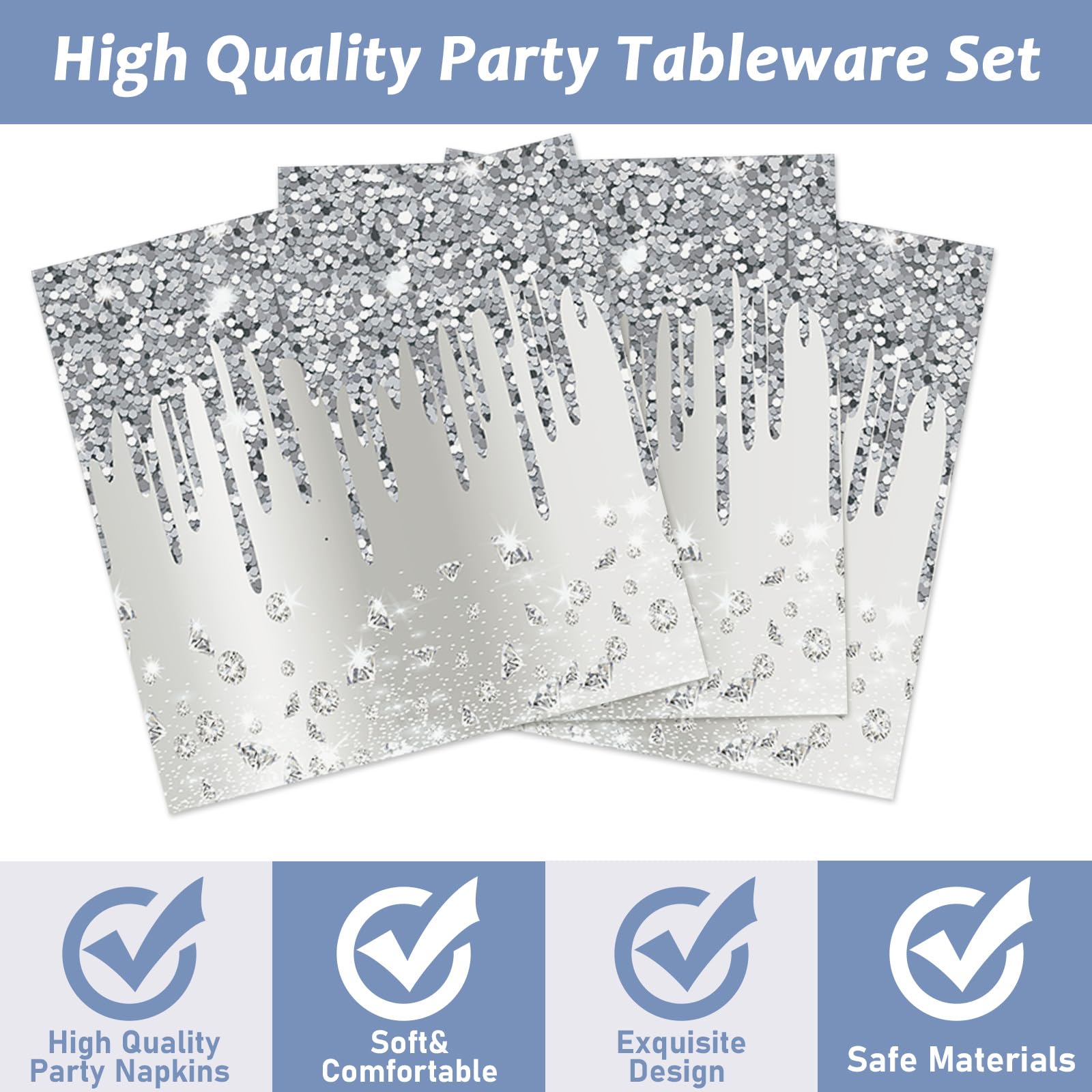 50PCS Silver Party Paper Napkins Silver Happy Birthday Napkins Supplies Silver Glitter Party Napkins Decorations Diamond Theme Party Napkins for Adults Kids Birthday Wedding Bridal Shower Party Favors