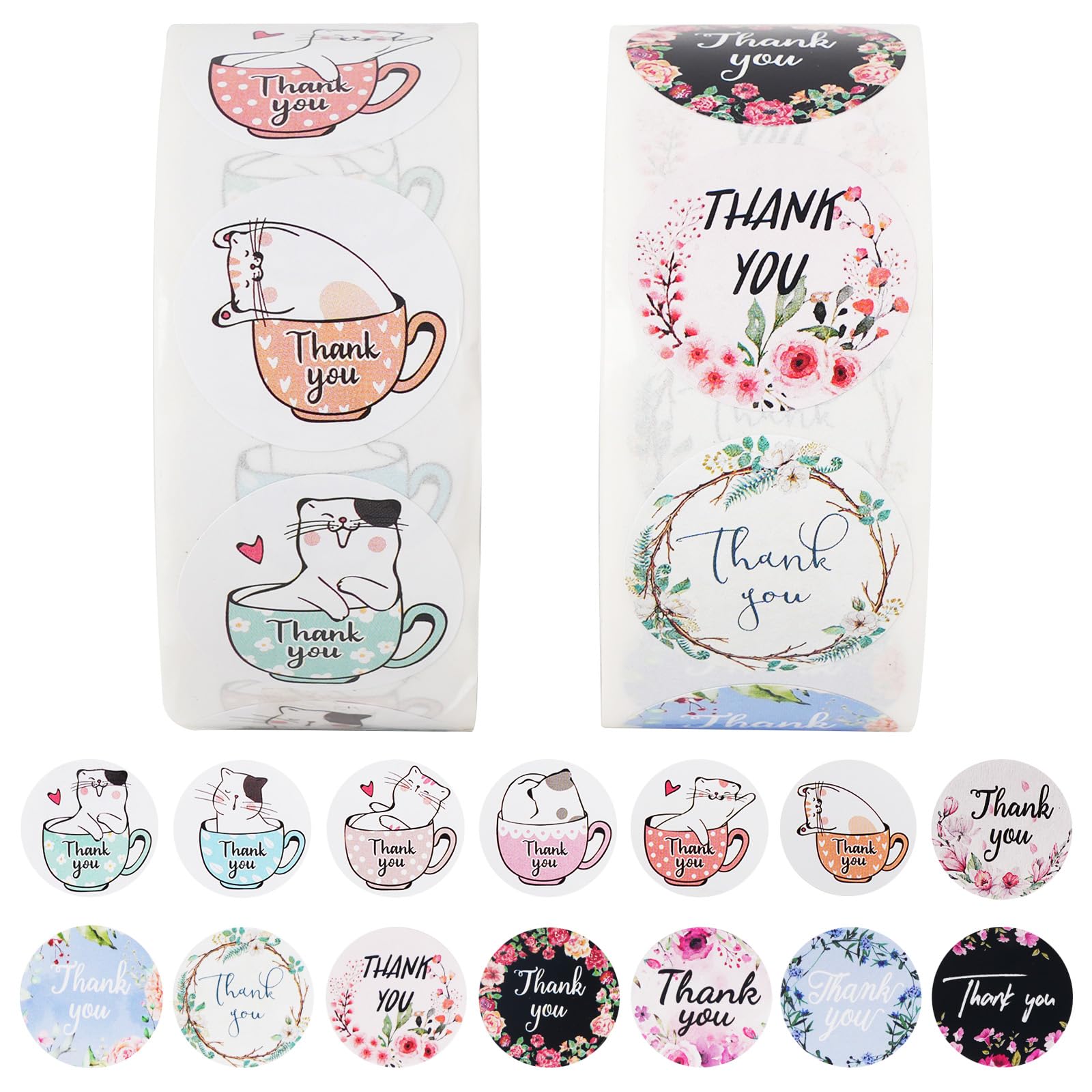 1000 Pieces Thank You Stickers, Round Seal Label Stickers for Greeting Cards Gift Envelopes Boxes Party Decoration Handmade (1'' and 2 Rolls)