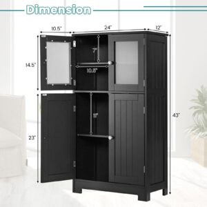 COSTWAY Bathroom Storage Cabinet, Wooden Linen Storage Organizer Cupboard with Doors & Adjustable Shelf, Freestanding Floor Cabinet for Living Room, Kitchen, Entryway, Office (Black)