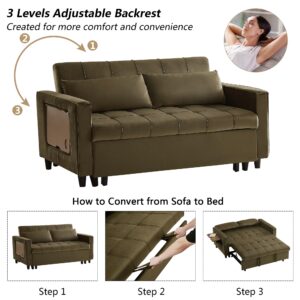 Bocarali 58" W Convertible Sofa Bed, 3 in 1 Velvet Upholstered Loveseat Sleeper with Adjustable Back, Modern 2 Seater Sofa with Put Out Bed, 2 Pillows Wing Tables for Living Room, Light Brown