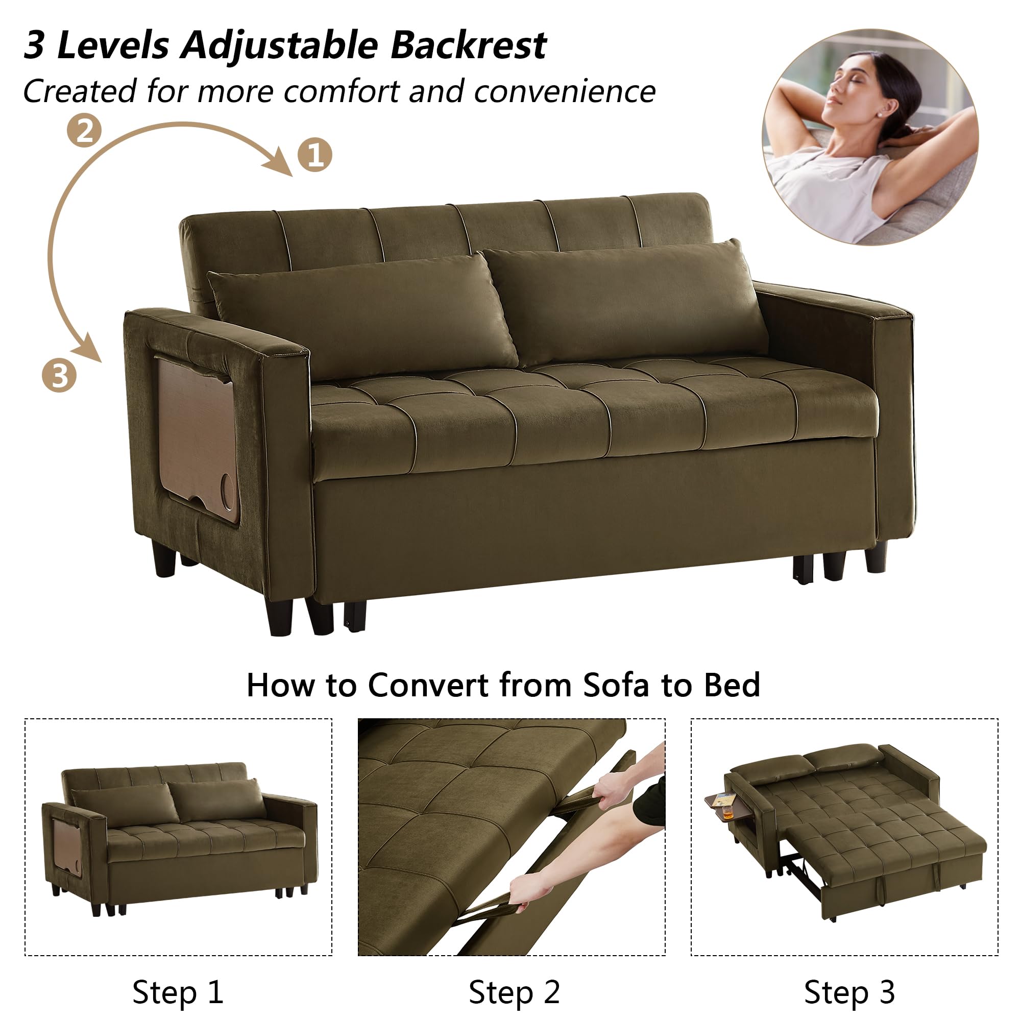 Bocarali 58" W Convertible Sofa Bed, 3 in 1 Velvet Upholstered Loveseat Sleeper with Adjustable Back, Modern 2 Seater Sofa with Put Out Bed, 2 Pillows Wing Tables for Living Room, Light Brown