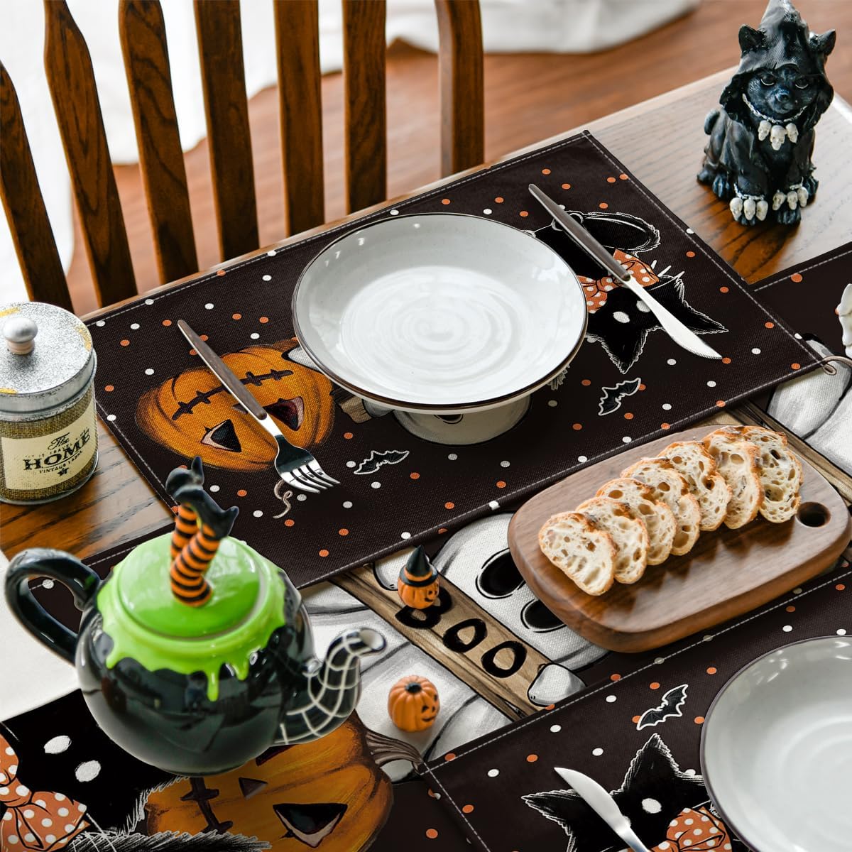 Artoid Mode Polka Dot Ghost Pumpkin Cat Boo Halloween Placemats Set of 4, 12x18 Inch Seasonal Fall Table Mats for Party Kitchen Dining Decoration