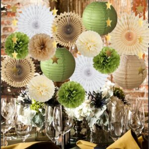 Olive Green and Brown Party Decorations Paper Lanterns and Fans Olive Green Tissue Pom Poms Cream with Gold Star Garland for Baby Shower Bridal Shower Wedding Birthday Party Decorations