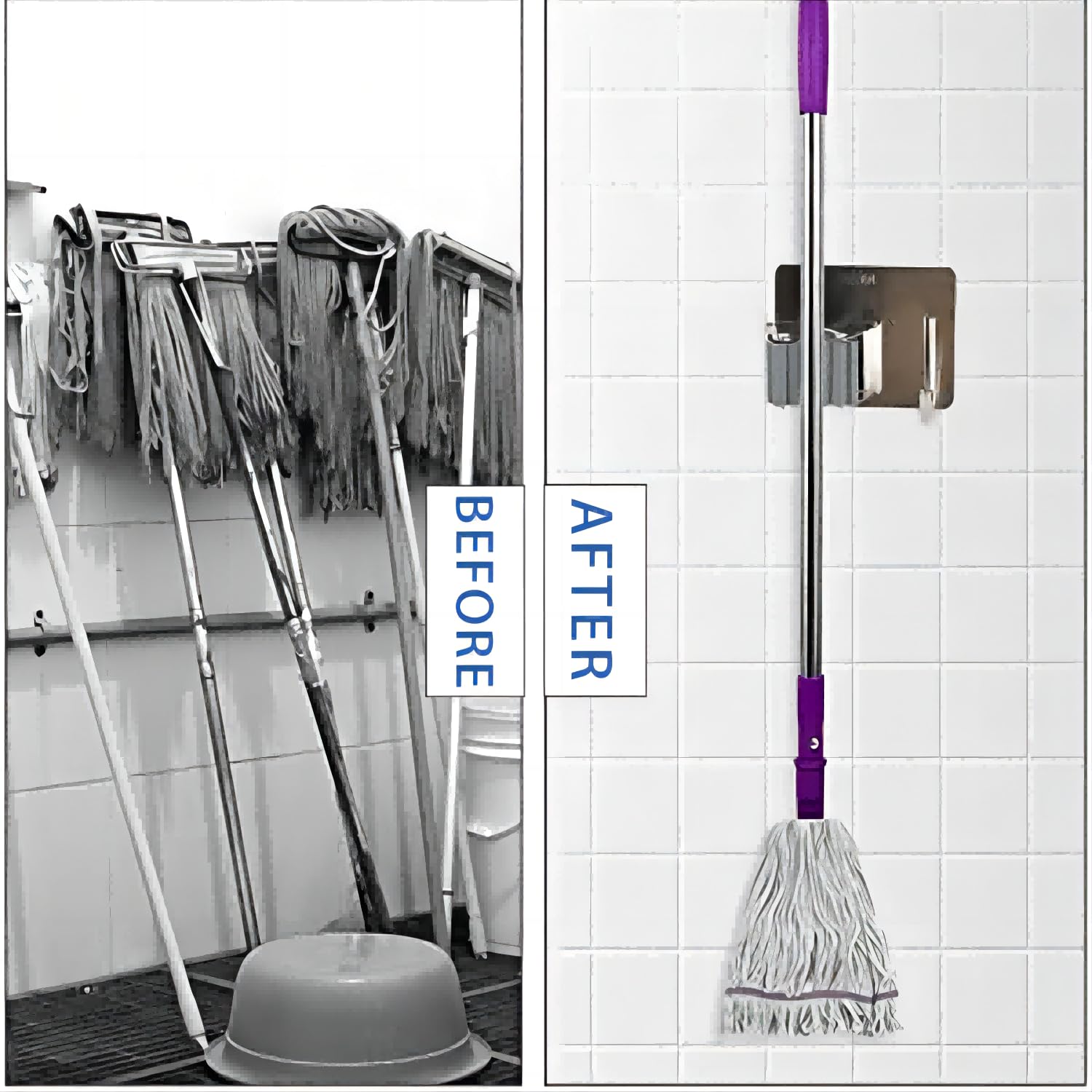 Meamaz 3pcs Punch-Free Broom and Mop Holder No Drilling Wall Mount Self Strong Adhesive Holder Tool with Hook Multi-purpose Organizer for Kitchen Bathroom Garden Laundry Room