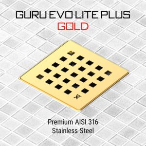 GURU USA Evo Lite Plus Square Stainless Steel Shower Drain with ABS Base & Hair Strainer, Bathroom Accessories for Shower Floor Drainage, Plus Gold