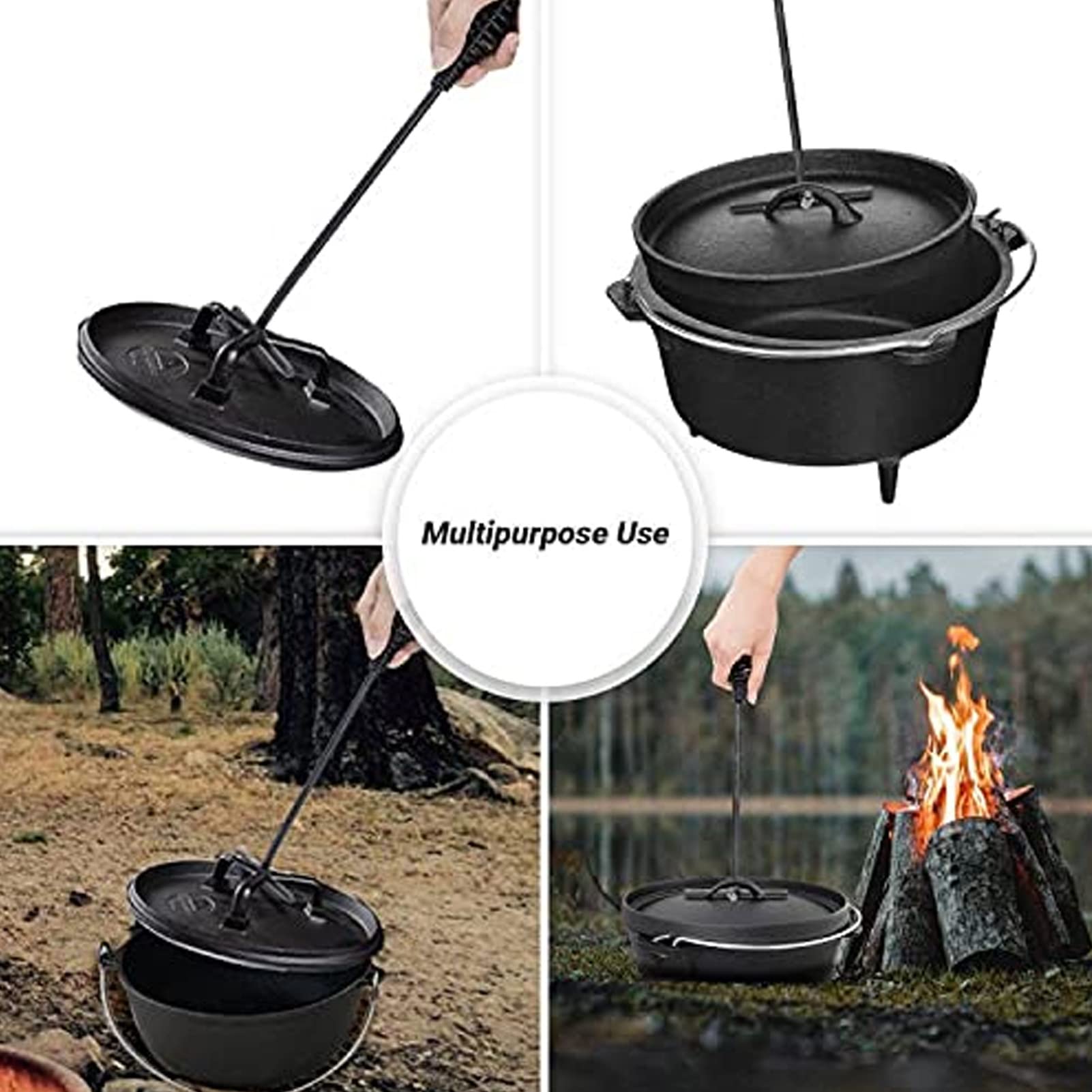 Dutch Oven Lid Lifter, 26cm Cast Iron Black Camp Dutch Oven Lid Lifter with Spiral Bail Handle Hot Lids Lifter for Lifting and Carrying Dutch Ovens Lid