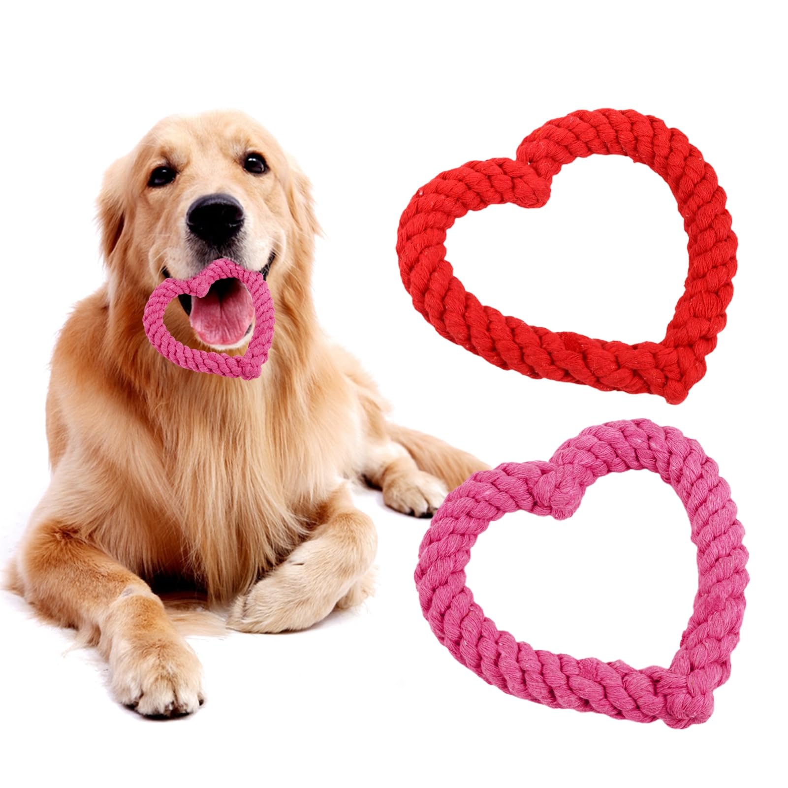 Bluelans Dog Chew Toys, Dog Toys for Chewers, Heavy Duty Dental Dog Rope Toy for Dogs, Creative Love Heart Shaped Interactive Rope Dog Toys, Cotton Puppy Teething Chew Tug Toy Dark Pink