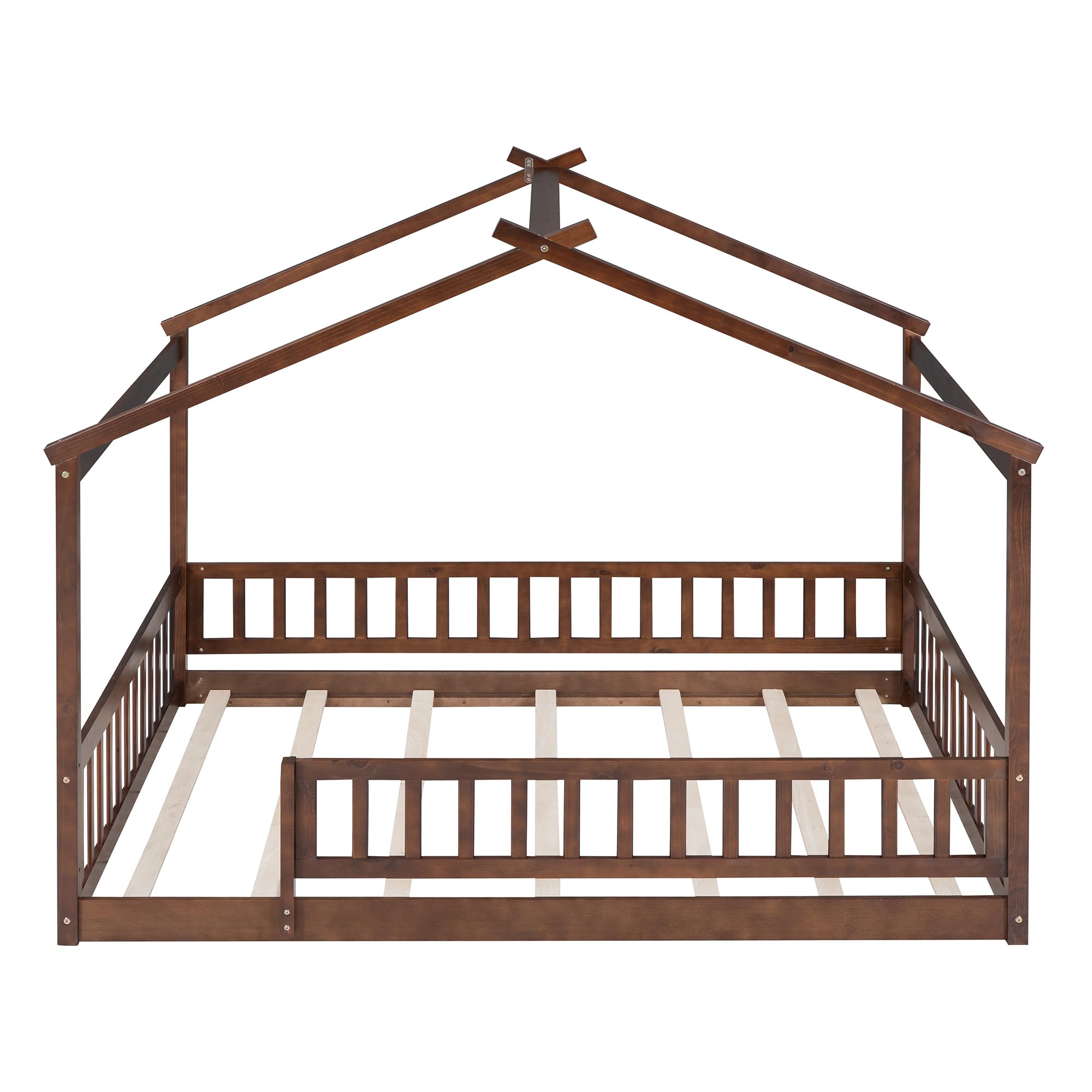 BestLM Full Size Wooden House Bed for Kids, Wood Platform Bed Frame with Fence, Roof, and Safety Guardrail for Kids, Teens, Girls, Boys, Walnut