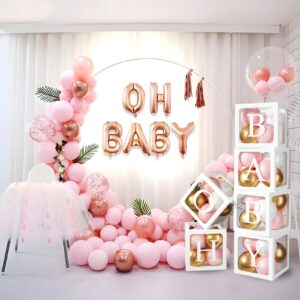 Baby Boxes with Letters for Baby Shower, 6pcs Transparent Boxes with 2 Set of A-Z+B Letter and 45pcs Balloons for Girl Baby Shower Decoration, Birthday Party Block, Bridal Shower Decor Backdrop