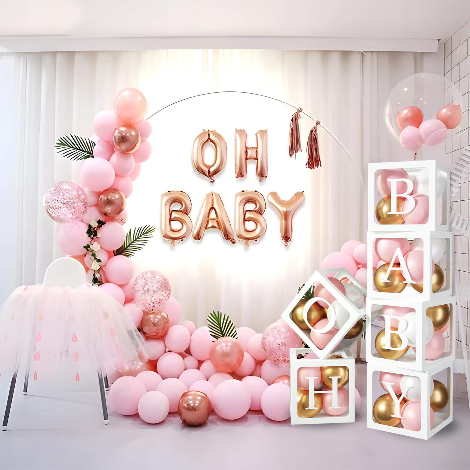 Baby Boxes with Letters for Baby Shower, 6pcs Transparent Boxes with 2 Set of A-Z+B Letter and 45pcs Balloons for Girl Baby Shower Decoration, Birthday Party Block, Bridal Shower Decor Backdrop