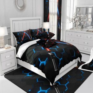 Geometric Honeycomb Duvet Cover Set Full Size Neon Red Blue Lightsaber Bedding Set 3Pcs for Kids Girls Boys Teens Room Decor Fashion Games Comforter Cover Black 3D Hexagon Quilt Cover,2 Pillowcases