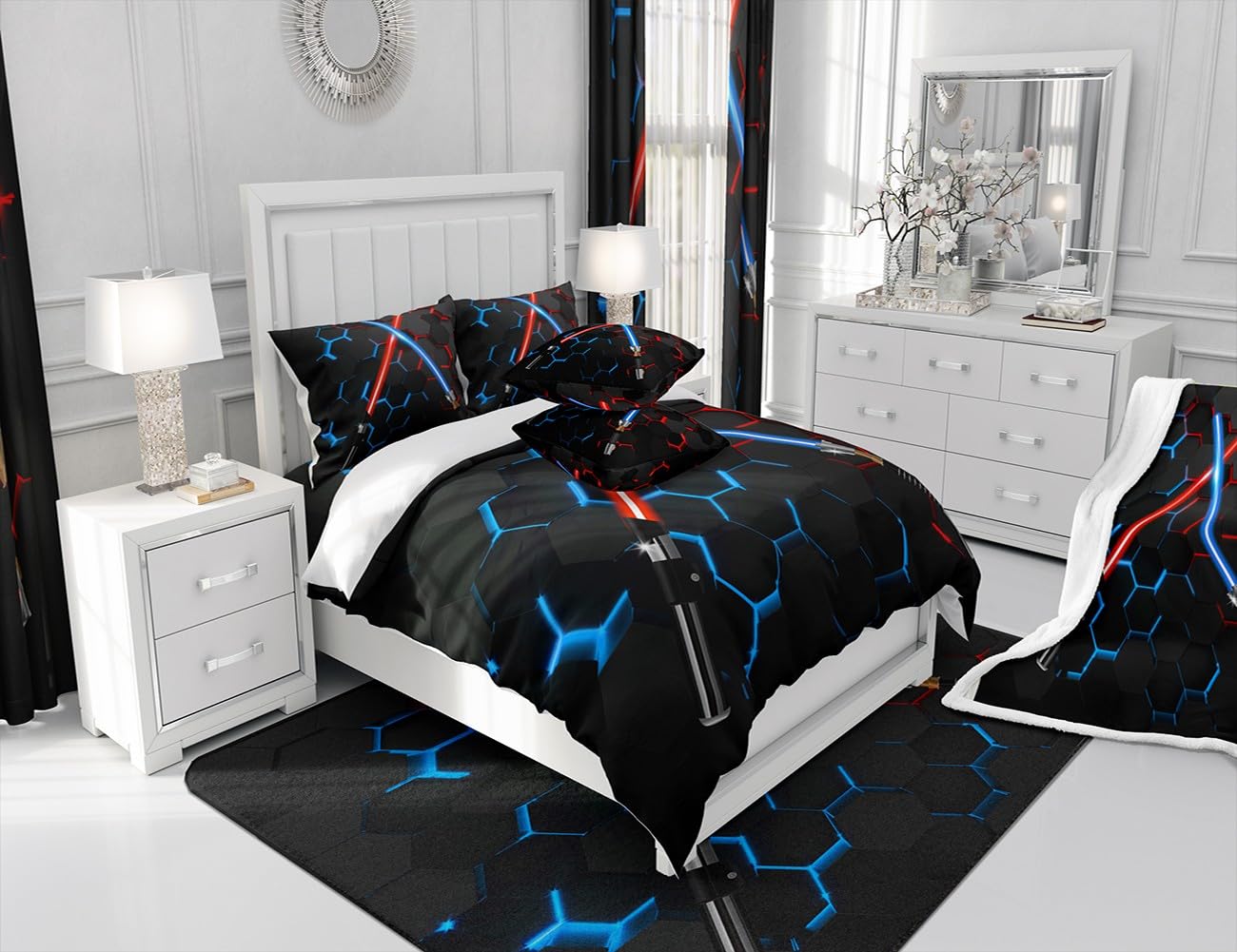 Neon Red Blue Lightsaber Bedding Set Twin Size Geometric Honeycomb Comforter Set 2Pcs for Kids Girls Boys Teens Room Decor Fashion Games Quilt Set Black 3D Hexagon Duvet Insert,1 Pillowcase