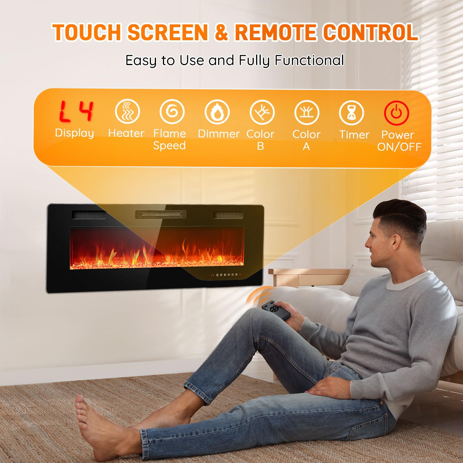 Rintuf 42 inch Electric Fireplace, Recessed and Wall Mounted Fireplace Heater and Linear Fireplace with Multicolor Flame, Timer, 750/1500W Control by Touch Panel & Remote