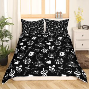 Gothic Skull Bedding Set King Size for Woman Men,Skull Skeleton Hippie Mushroom Plant Comforter Cover with 2 Pillowcases,Moth Stars Shiny Galaxy Halloween Duvet Cover Set Microfiber Quilt Cover