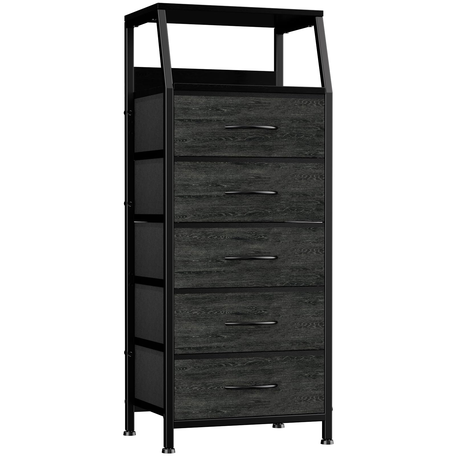 Black Dresser for Bedroom, Storage Organizer with 5 Drawers, Vertical Fabric Storage Tower, Clothes Closet Units for Kids Room, Entryway, Nightstand Bedside Table, Sturdy Steel Frame & Wooden Top