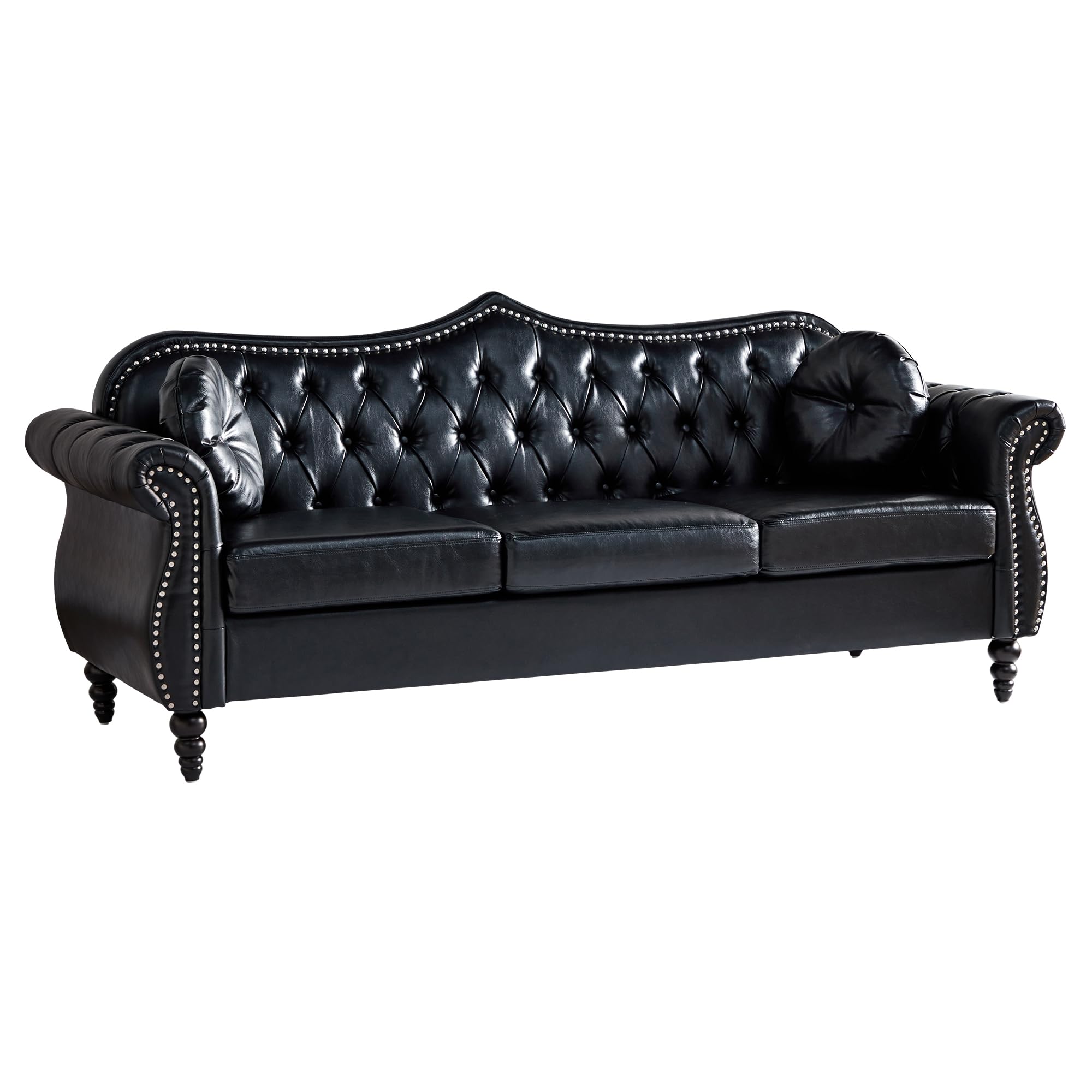 AVZEAR 82" Three Seater Sofa, Chesterfield Sofa, Mid-Century Modern PU Upholstered Sofa, Deep Button Tufted Living Room Sofa with Two Throw Pillows, Black