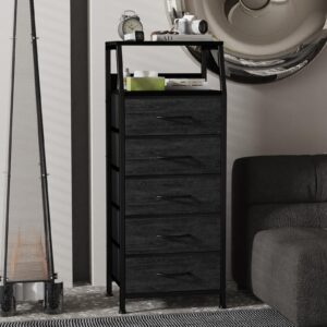 Black Dresser for Bedroom, Storage Organizer with 5 Drawers, Vertical Fabric Storage Tower, Clothes Closet Units for Kids Room, Entryway, Nightstand Bedside Table, Sturdy Steel Frame & Wooden Top