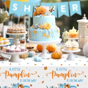 Nefelibata 3Pcs Blue Pumpkin Baby Shower Tablecloths A Little Pumpkin is On The Way Plastic Table Cover Party Supplies for Fall Halloween Thanksgiving Boy Baby Shower Party Decor