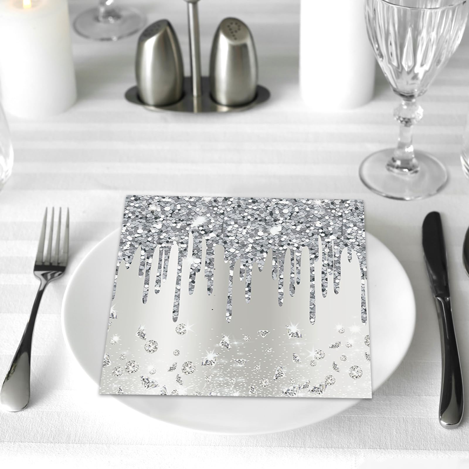 50PCS Silver Party Paper Napkins Silver Happy Birthday Napkins Supplies Silver Glitter Party Napkins Decorations Diamond Theme Party Napkins for Adults Kids Birthday Wedding Bridal Shower Party Favors