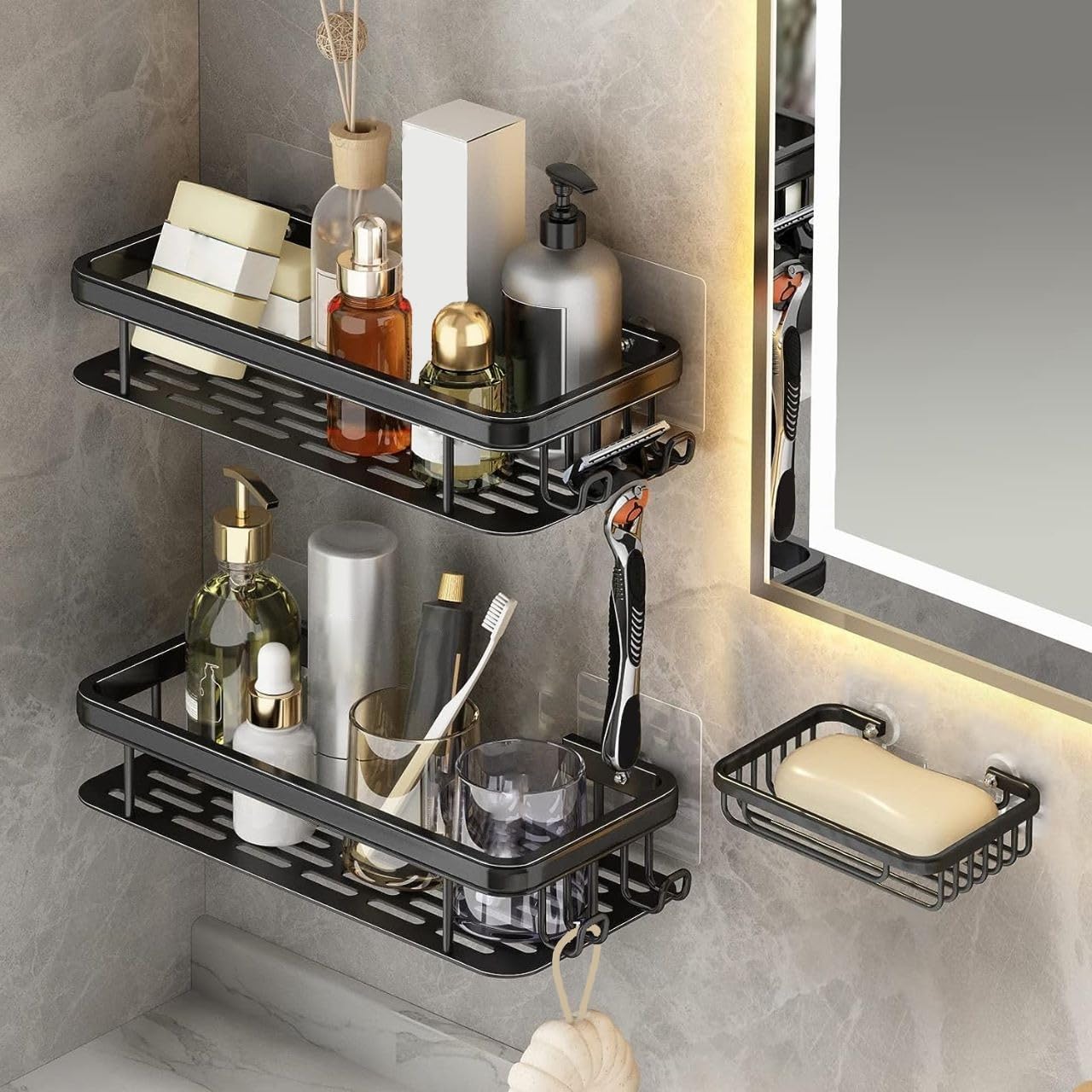 Washroom Rack 2-Pack Rustproof Shower Caddy Set with Soap Holder - Wall-Mounted No drill Large Capacity Durable Matte Black Shower Organization Basket with Hooks and meets Modern Convenience.