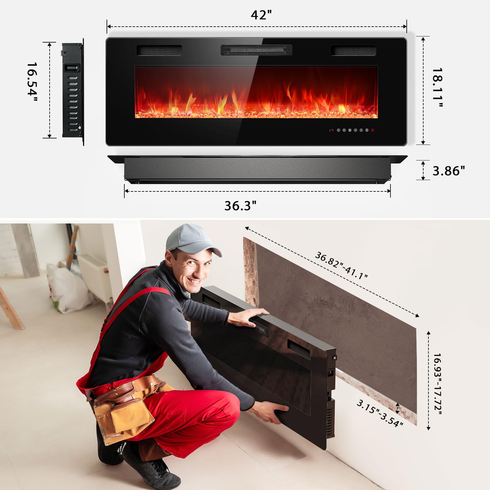 Rintuf 42 inch Electric Fireplace, Recessed and Wall Mounted Fireplace Heater and Linear Fireplace with Multicolor Flame, Timer, 750/1500W Control by Touch Panel & Remote