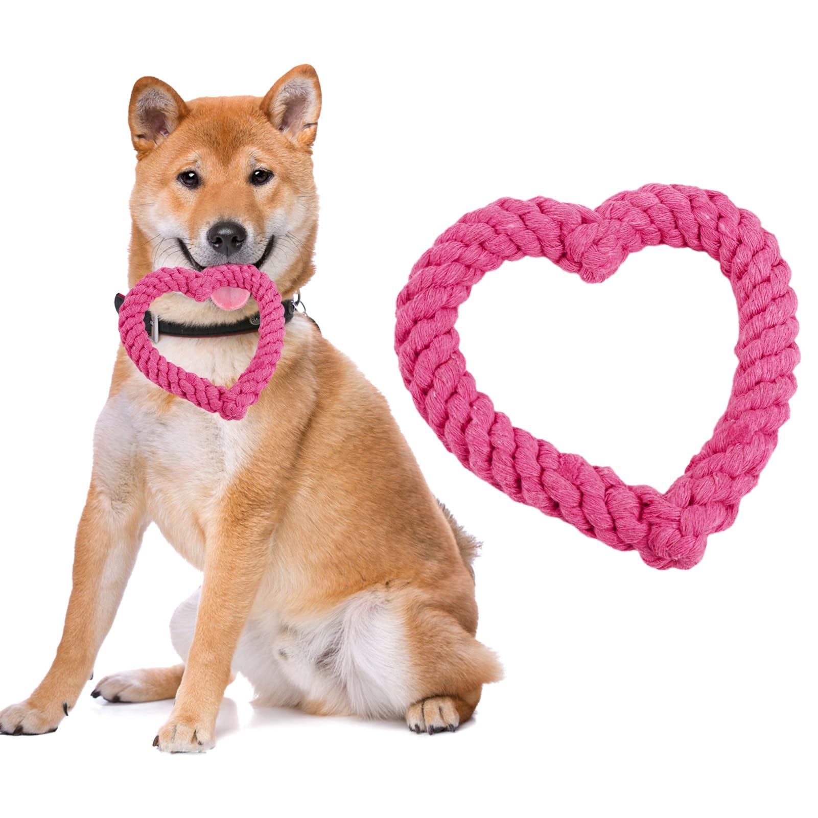 Bluelans Dog Chew Toys, Dog Toys for Chewers, Heavy Duty Dental Dog Rope Toy for Dogs, Creative Love Heart Shaped Interactive Rope Dog Toys, Cotton Puppy Teething Chew Tug Toy Dark Pink