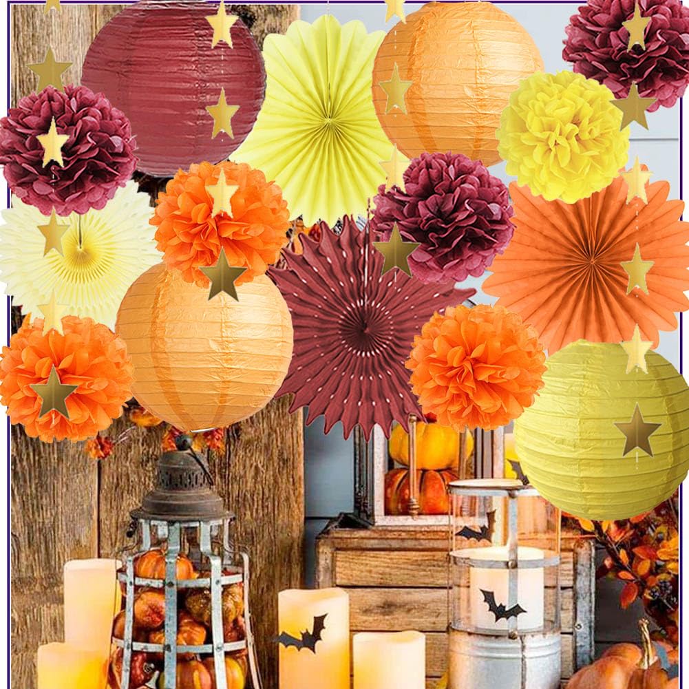 Orange and Burgundy Party Decorations Fall Party Decorations Orange Burgundy Yellow Paper Lanterns for Fall Baby Shower Bridal Shower Birthday Wedding Engagement Autumn Graduation Party Decor