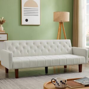 Linen Sofa Bed Sleeper Couch 74.4 Inch Convertible Loveseat Size for Small Space 3 Seater Chesterfield Button Tufted for Office Apartment Dorm Living Room Beige