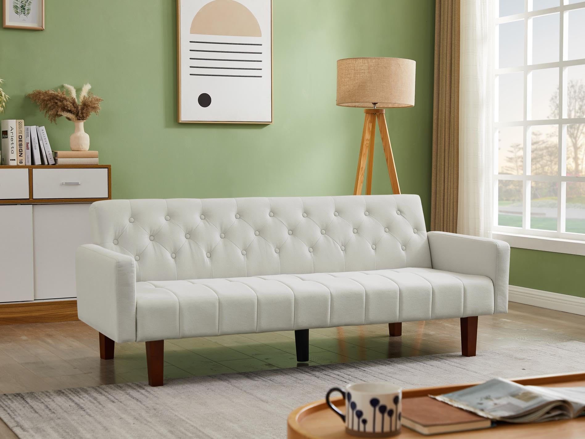 Linen Sofa Bed Sleeper Couch 74.4 Inch Convertible Loveseat Size for Small Space 3 Seater Chesterfield Button Tufted for Office Apartment Dorm Living Room Beige