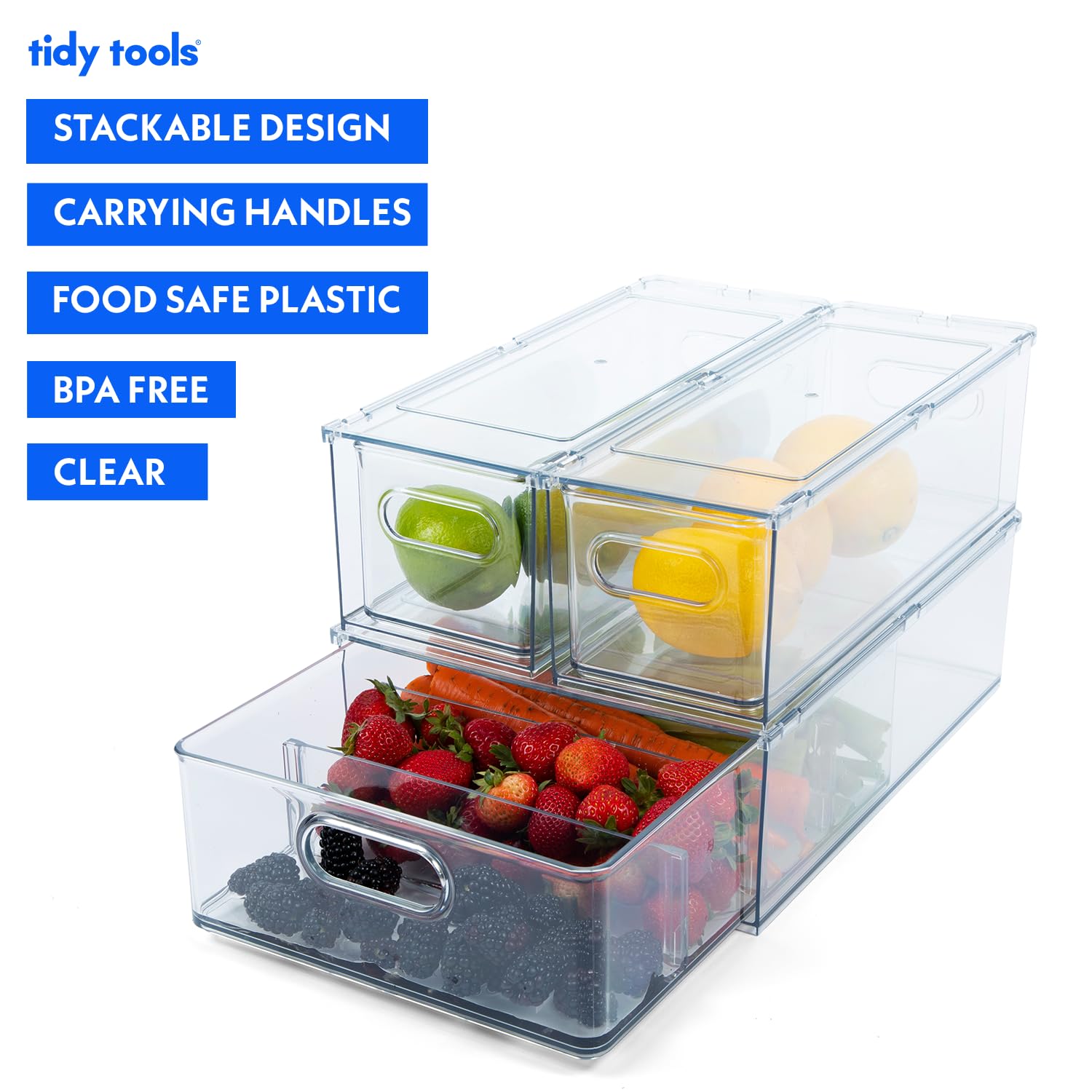 Tidy Tools Clear Refrigerator Organizer Bins For Pantry Organization and Food Storage, Stackable Plastic Storage Bins With Pull-Out Drawer – Kitchen and Pantry Storage Containers, 3 Pack