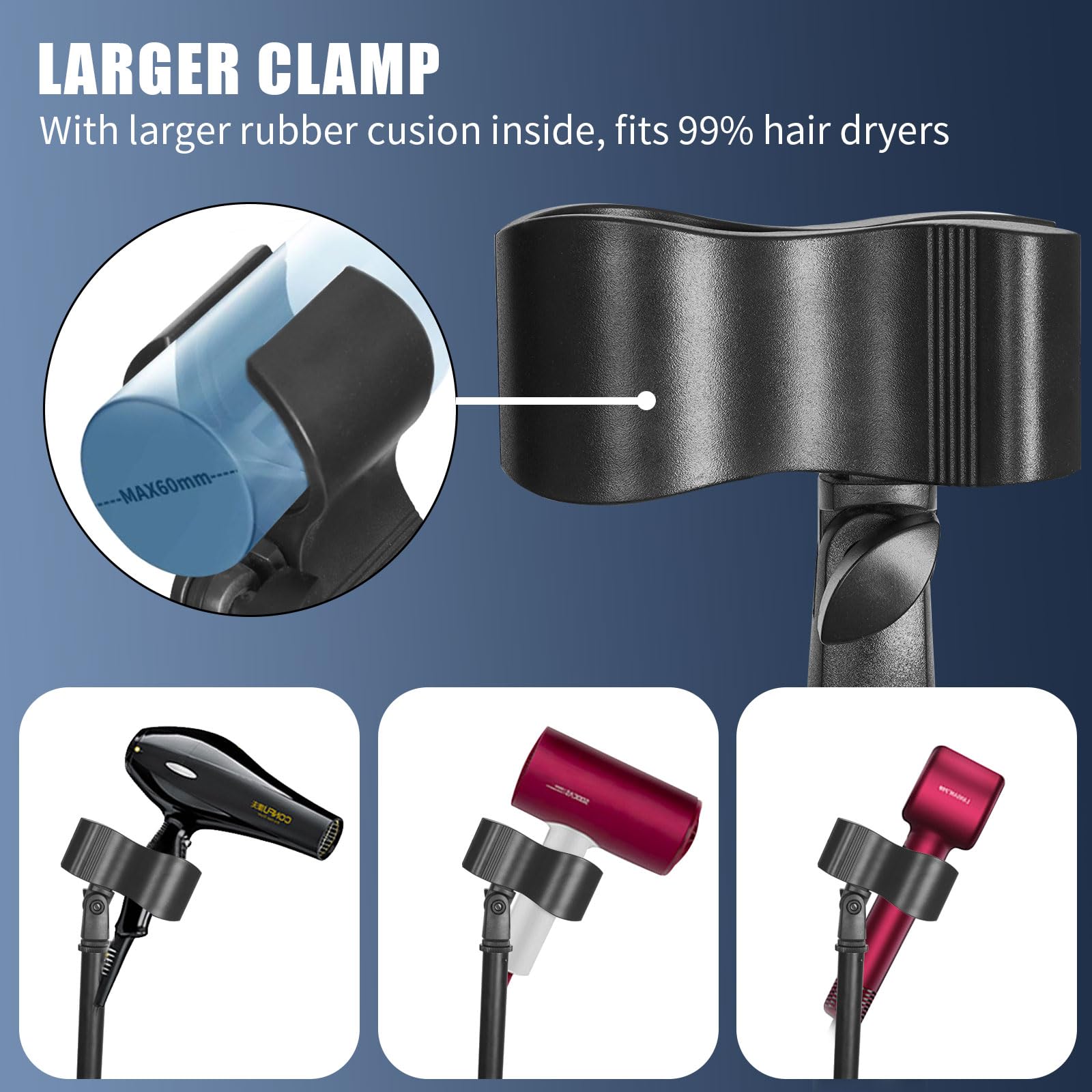 Hands Free Hair Dryer Stand Holder - 61in Adjustable Height Blower Stand Holder Floor Stand, Heavy Duty Metal Blow Dryer Stand with Heavy Base, 180° Rotatable Lady Hair Drying Holder for Women Pets