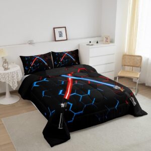 Neon Red Blue Lightsaber Bedding Set Twin Size Geometric Honeycomb Comforter Set 2Pcs for Kids Girls Boys Teens Room Decor Fashion Games Quilt Set Black 3D Hexagon Duvet Insert,1 Pillowcase