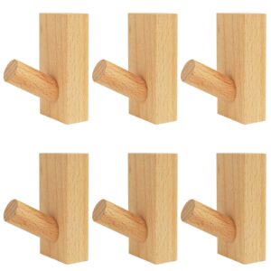 dingee wall hooks for hanging heavy duty 6 pack wood coat hooks wall mounted, adhesive wall hooks for hat, towel, purse, cloth, plants, bag,natural wooden utility hooks for hanging