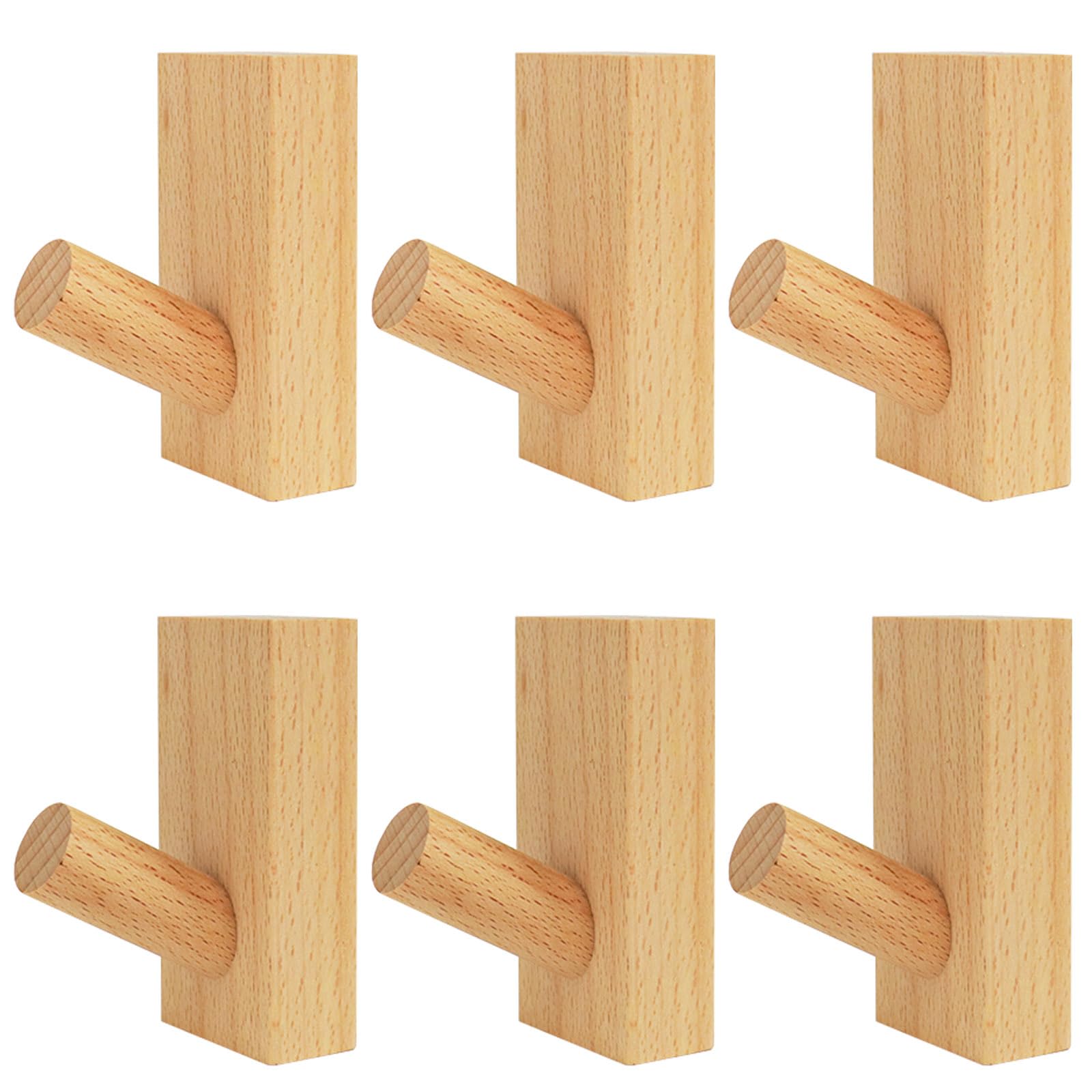 DINGEE Wall Hooks for Hanging Heavy Duty 6 Pack Wood Coat Hooks Wall Mounted, Adhesive Wall Hooks for Hat, Towel, Purse, Cloth, Plants, Bag,Natural Wooden Utility Hooks for Hanging