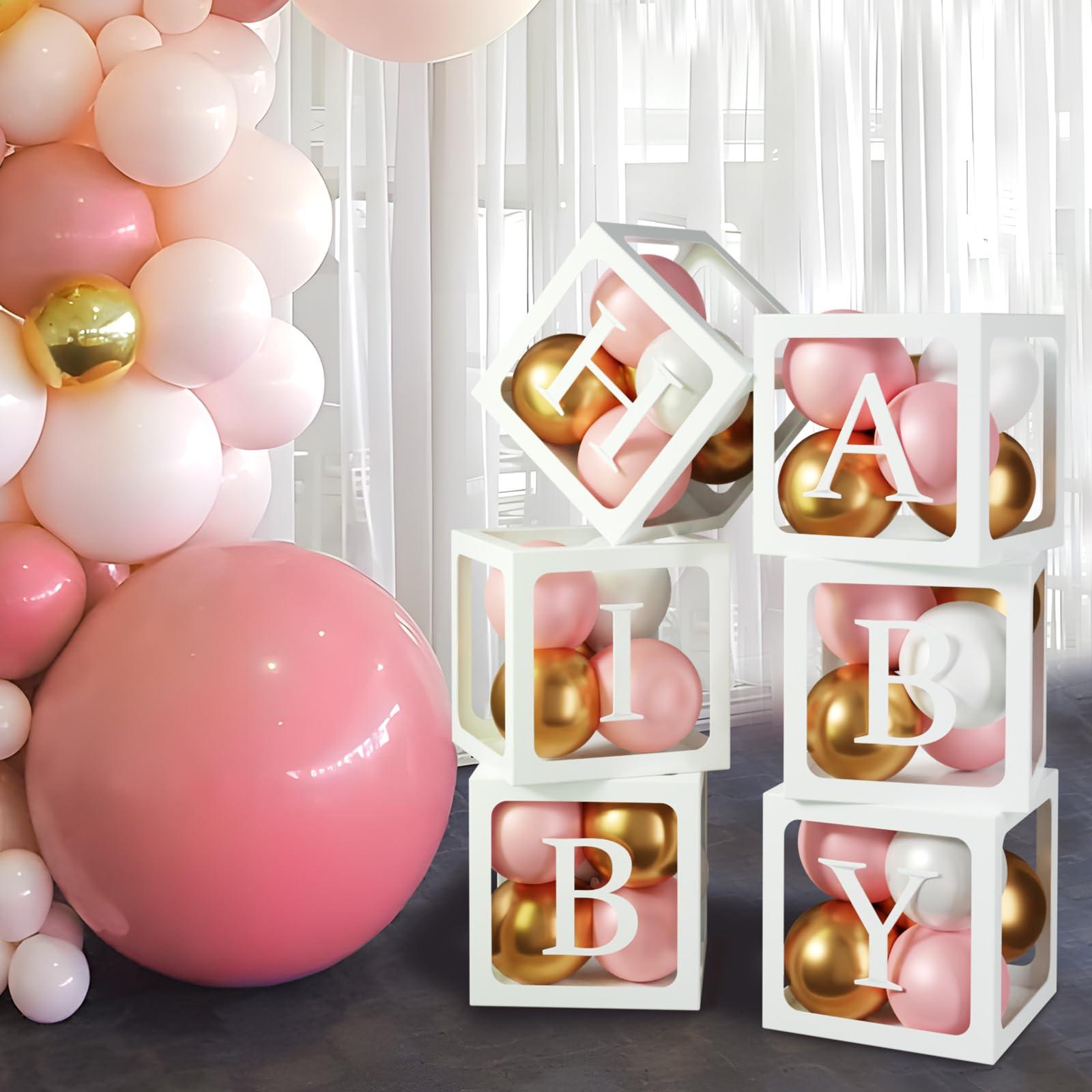 Baby Boxes with Letters for Baby Shower, 6pcs Transparent Boxes with 2 Set of A-Z+B Letter and 45pcs Balloons for Girl Baby Shower Decoration, Birthday Party Block, Bridal Shower Decor Backdrop