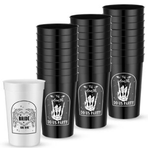 zhehao 25 pcs bride or die bachelorette party themed black white cups 16 oz skull till death do us plastic cup reusable bride cups for gothic bridesmaid bridal shower wedding decorations favors