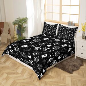 Gothic Skull Bedding Set King Size for Woman Men,Skull Skeleton Hippie Mushroom Plant Comforter Cover with 2 Pillowcases,Moth Stars Shiny Galaxy Halloween Duvet Cover Set Microfiber Quilt Cover