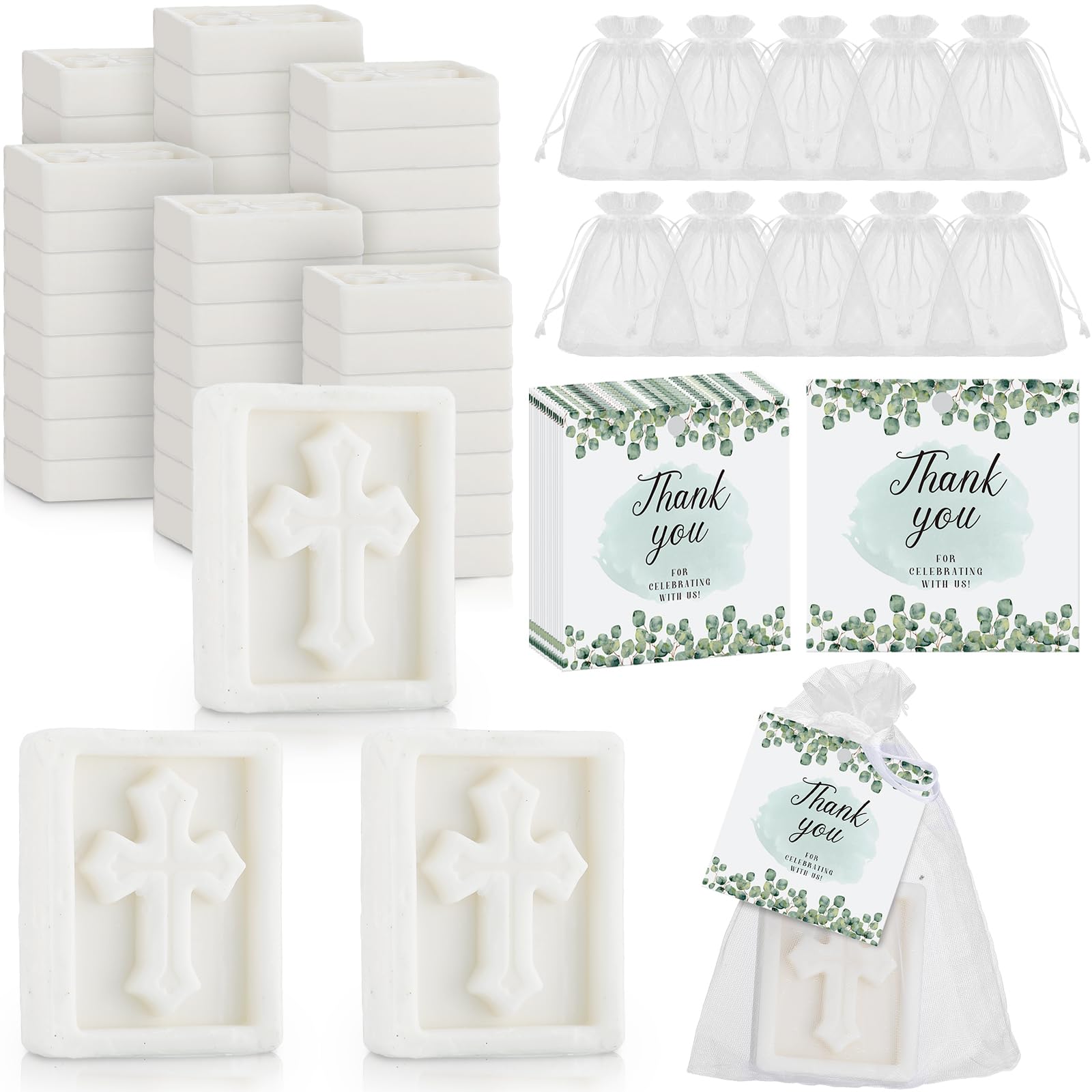 Dansib 240 Pcs Cross Soap Baptism Favors Set, 80 Pcs Scented Soap Favors 80 Pcs Bags and 80 Pcs Cards Baby Baptism Favor for Baby Shower Christening Communion Wedding Bridal Party Guests Decoration