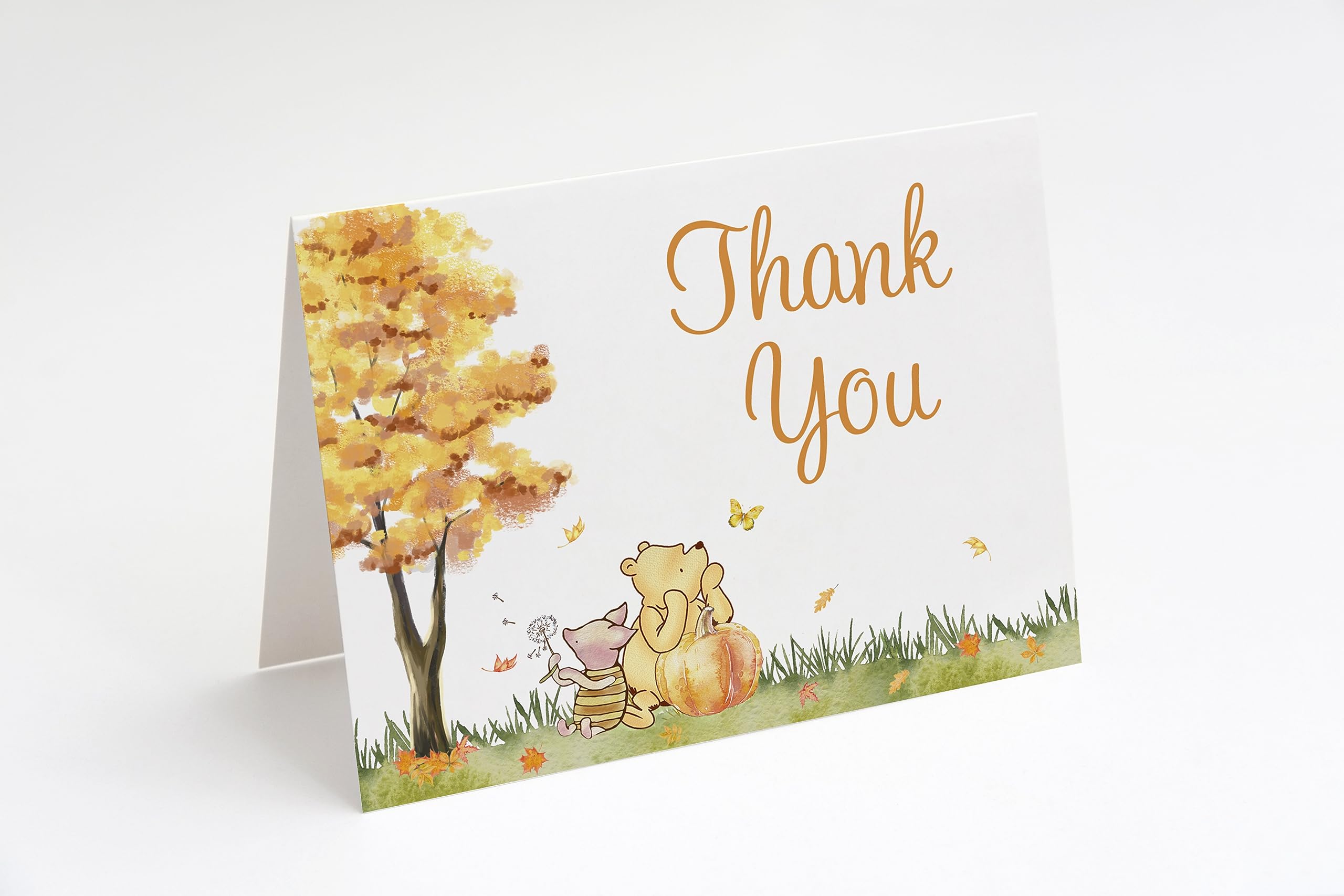 Winnie the Pooh Baby Shower Thank You Cards Pooh Bear Cute Cartoon Storybook Autumn Fall Leaves Pumpkin Piglet Nostalgic Unisex Gender Neutral Printed Cards (24 Count)