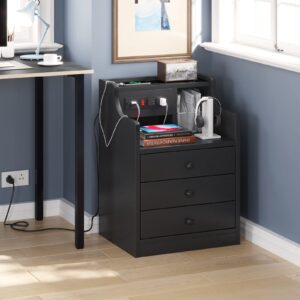 ADORNEVE Night Stand Set 2,Black Nightstand with Charging Station & Hutch,Night Stands for Bedrooms Set of 2,Bedside Table with Drawers