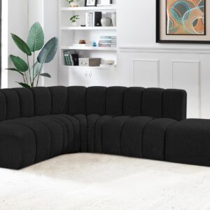 Meridian Furniture 102Black-S5C Arc Collection Modern | Contemporary Modular Sofa with Rich Black Boucle Fabric, Deep Channel Tufting, Modular Design, 127" W x 61" D x 30" H, Black