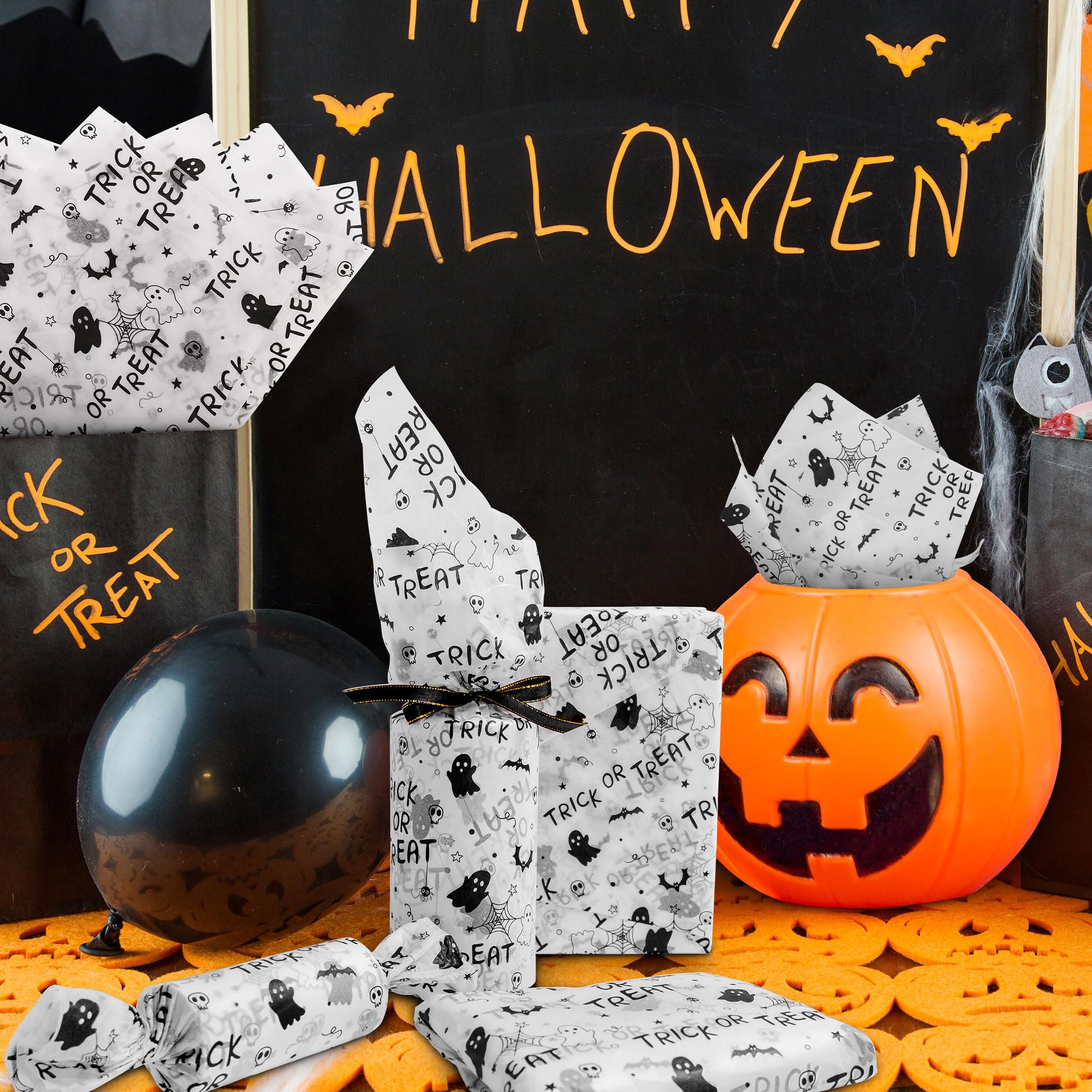 MR FIVE 30 Sheets Large Size Halloween Tissue Paper Bulk,20"x 28",Trick or Treat Tissue Paper for Gift Bags,White with Black Trick or Treat Pattern Tissue Paper for Halloween Party