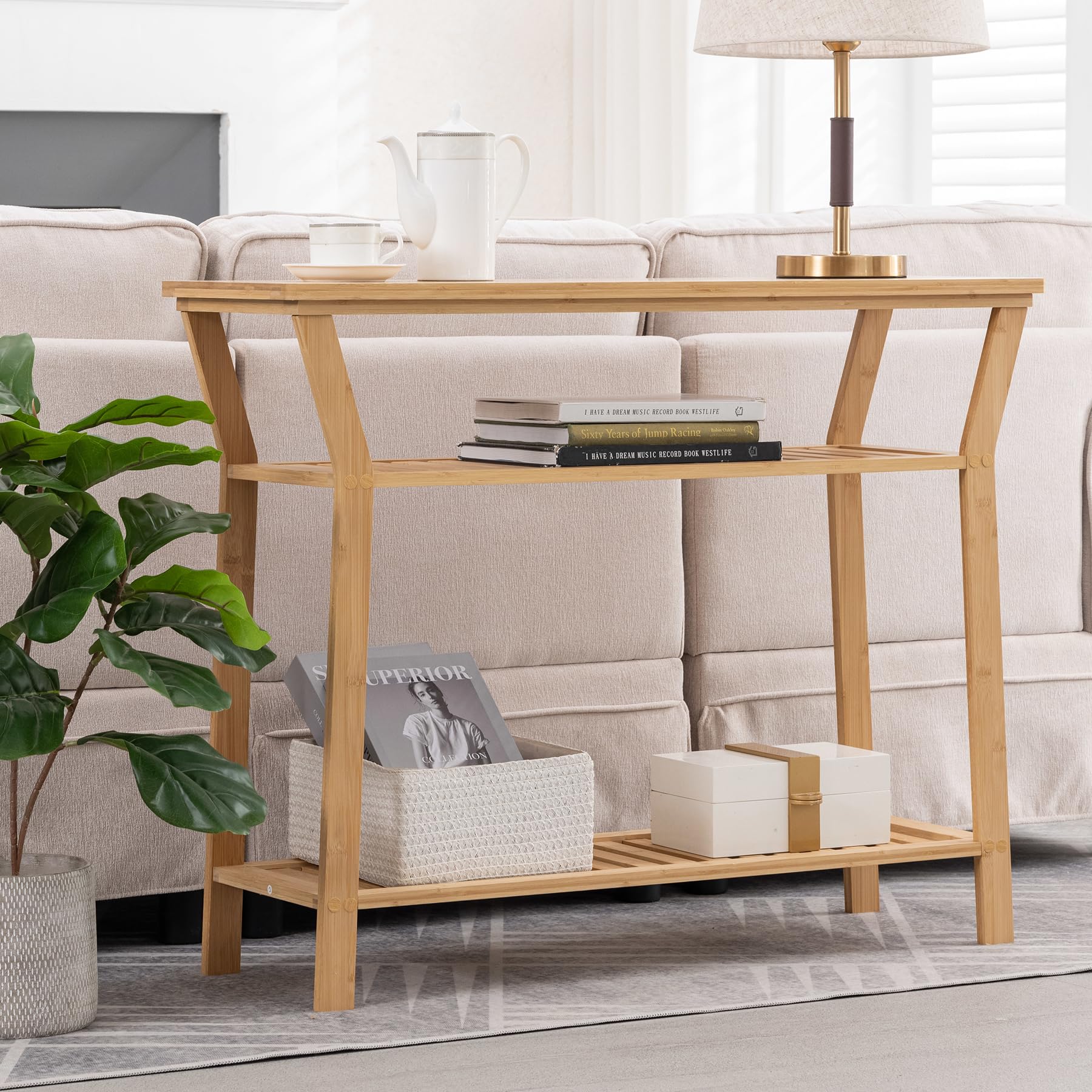 Nnewvante Bamboo Console Table Behind Couch, Entryway Table with Shelves, 3 Tier Narrow Sofa Table for Hallway, Living Room, Foyer 38.6"x11.8"