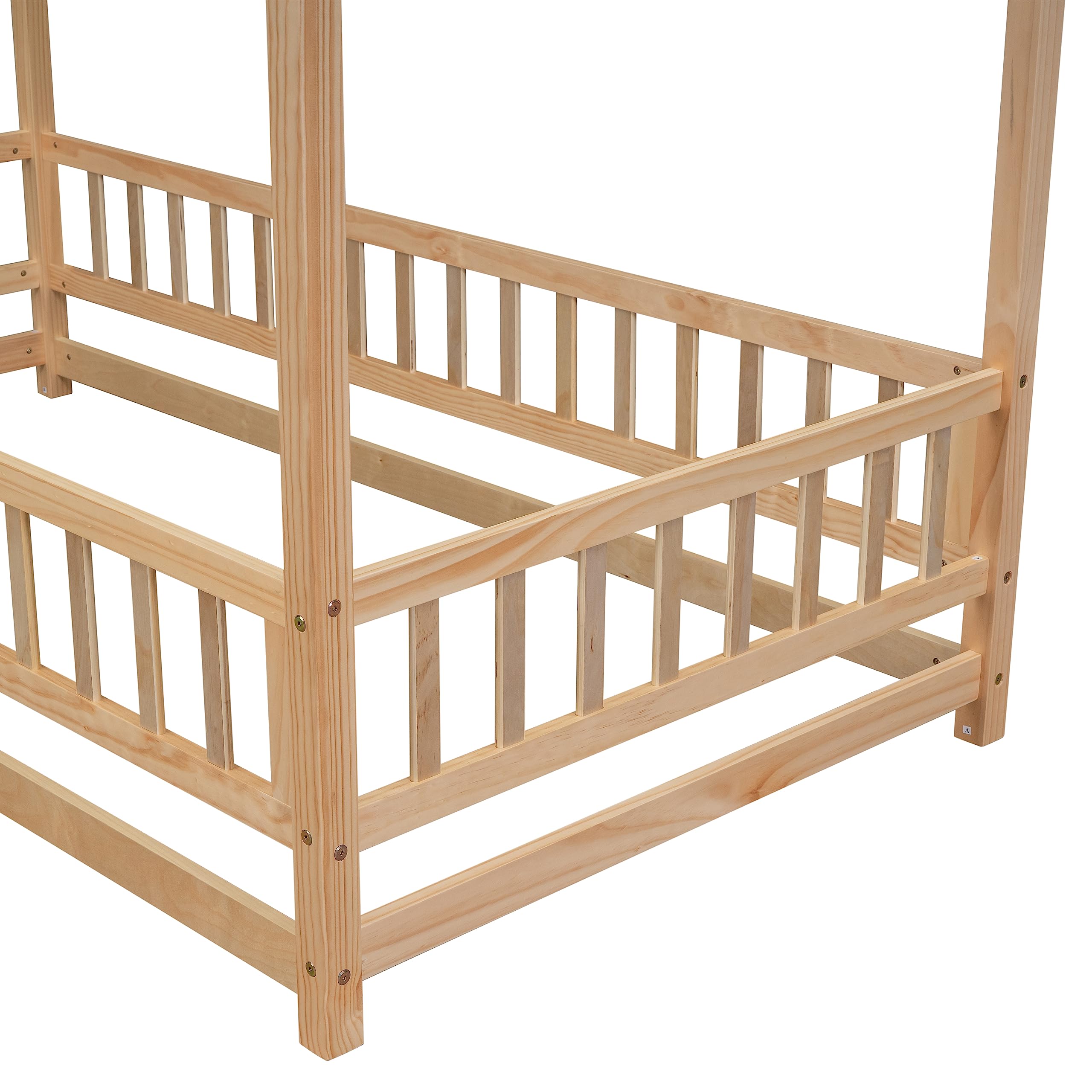 Bellemave Twin Size House Floor Bed Frame,Wooden Montessori Floor Bed with Fence for Kids,Twin Size Kids Bed,Natural