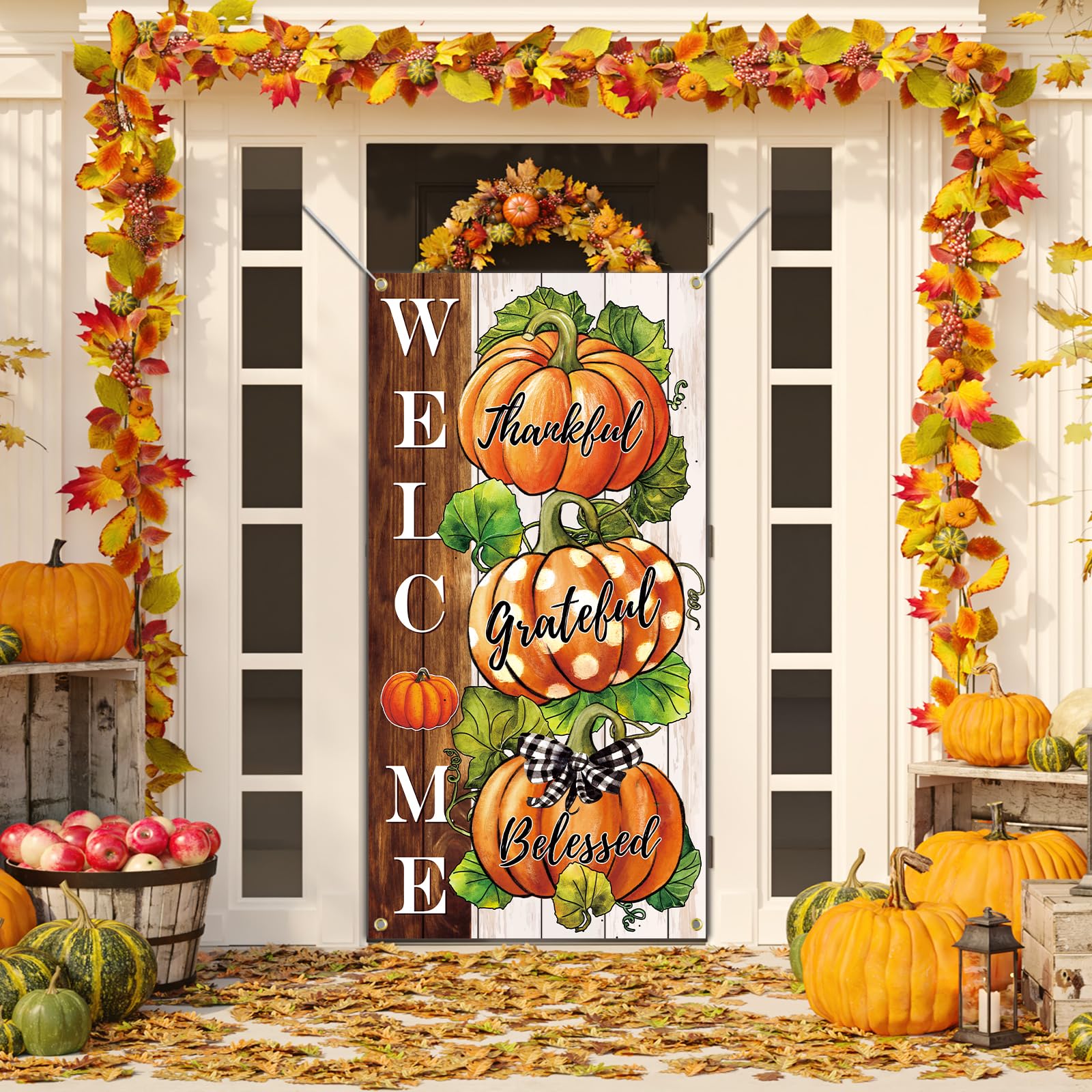 SENSEVEN Fall Pumpkin Thanksgiving Door Banner, Large Thanksgiving Thankful Grateful Blessed Fall Door Cover, Harvest Autumn Welcome Porch Sign Door Decor Backdrop Banner 70.9 x 35.4 Inches